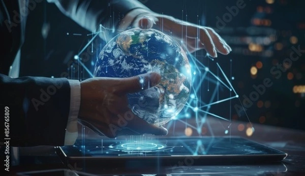 Fototapeta A holographic tablet, global network, or a human hands that are analyzing digital earth communication. Glowing planet or a holographic planet UI.