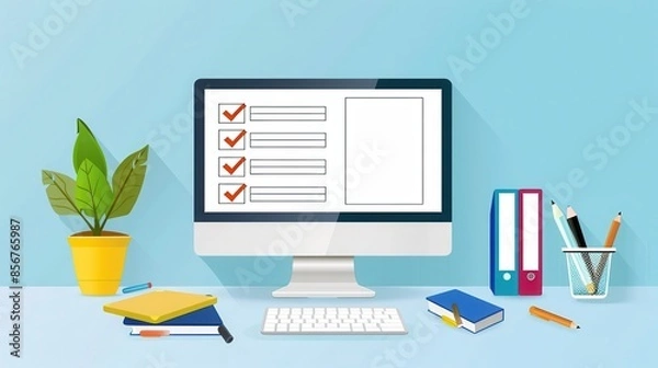 Fototapeta A clean desktop with a computer displaying a checklist, suggesting productivity and organization.