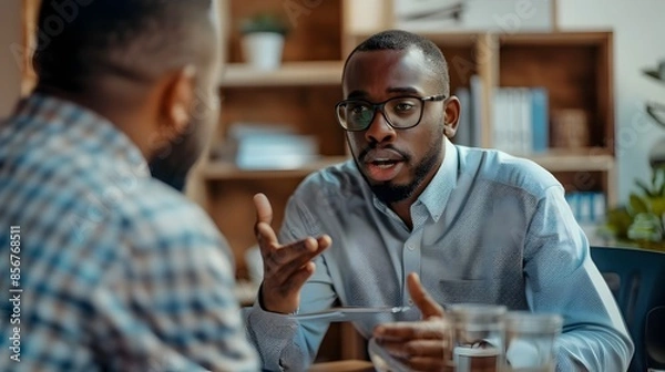 Fototapeta Team Leader Providing Supportive Feedback to Colleague in Office Setting