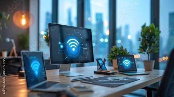 Fototapeta A computer desk with a monitor, laptop, and two cell phones