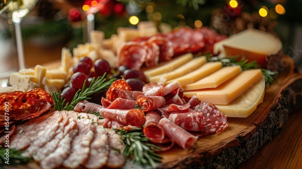 Fototapeta Close-up of charcuterie board with meats and cheeses on festive dinner table.