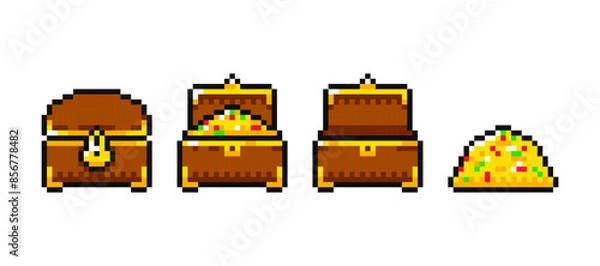 Fototapeta Cartoon wooden chest animation, treasure chest in pixel art style. Game pixel treasure chest. Open and closed chest full of jewels and empty.