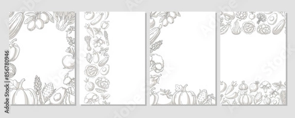 Fototapeta Set of vector minimal vertical posters a4, various border frame, veggies icons. Fresh, healthy farm vegetables. Space for text, isolated background. For banner, menu, flyer, cover, farmers market