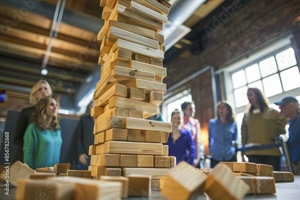 Fototapeta Colleagues engage in team building fun with giant jenga and virtual reality, fostering camaraderie