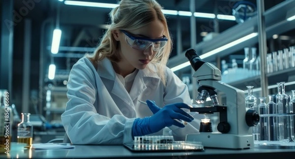 Fototapeta Female scientist conducting research in a modern laboratory environment with a microscope