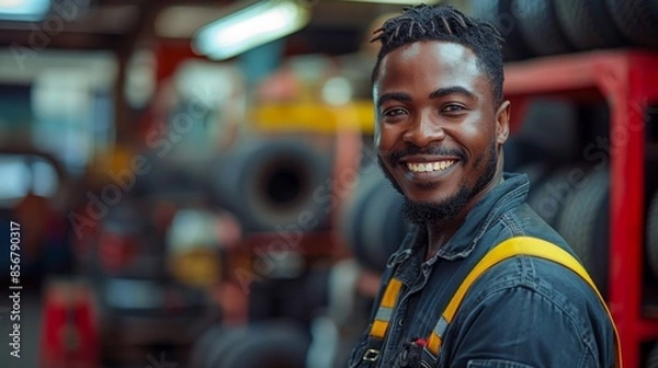 Fototapeta portrait of an afro american mechanic in a tire shop replacing and repairing wheels, selling tires, car tire service