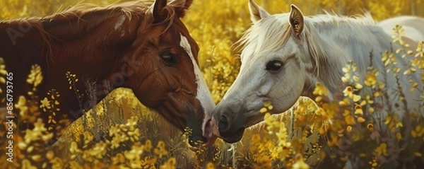 Fototapeta Two horses nuzzling in a field of yellow flowers, pastoral and affectionate scene