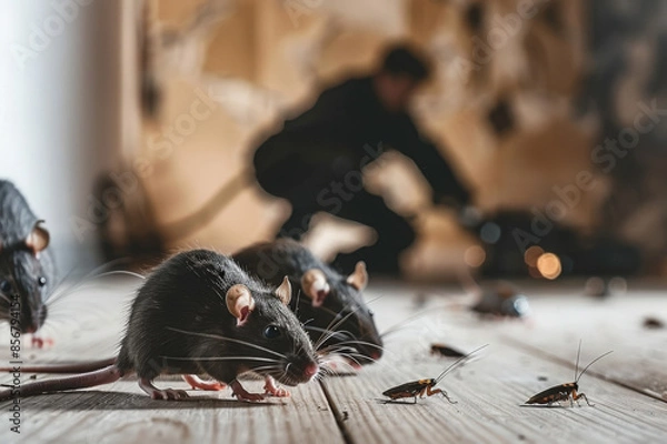 Obraz Rats and cockroaches are on the floor of flat or house. Pest control professional with special equipment is in the background. 