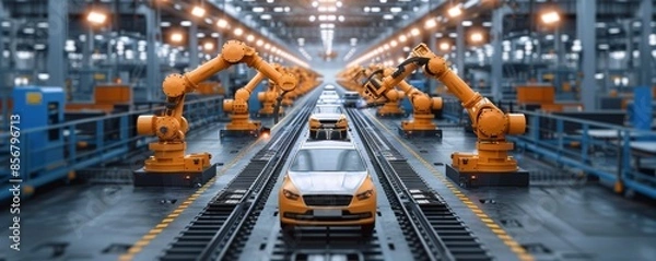 Fototapeta Modern car factory with robotic arms on assembly line producing vehicles