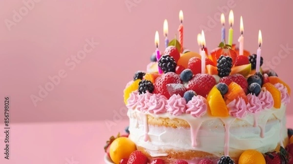 Obraz beautifully decorated cake with vibrant fruit. birth day cake.