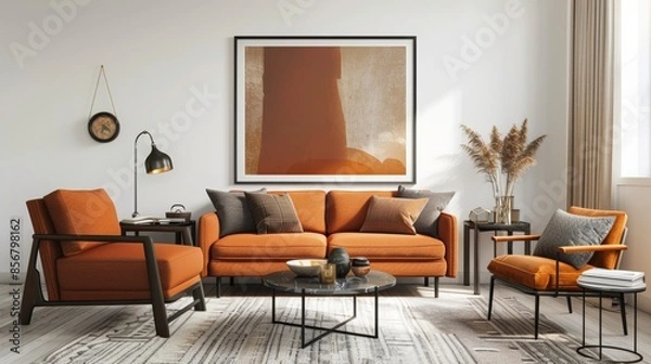 Fototapeta This is a mockup of a modern living room interior with orange furniture including a sofa, armchair and coffee table, all set against a framed photo on the wall in a stylish setting.