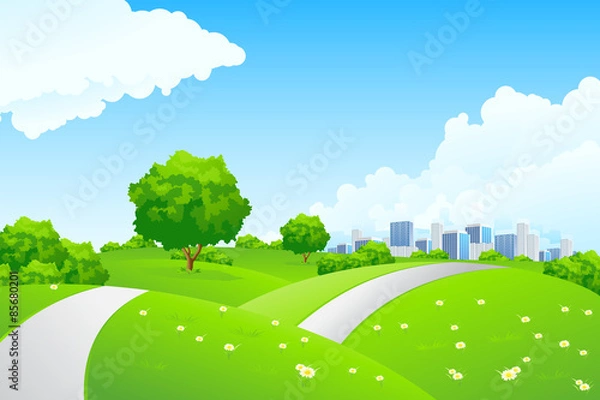 Obraz Landscape - green hills with tree and cityscape