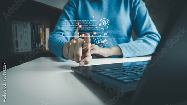 Fototapeta AI technology, Artificial Intelligence, Chatbot Chat and talk with AI, Using laptop for search and find data by command prompt, robot learning machine create or generate picture or article auto