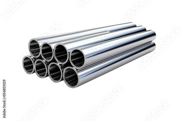 Obraz A Stack of Shiny Steel Tubes Reflecting Light in a Warehouse on a Clear PNG or White Background.