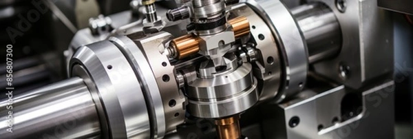 Fototapeta Cnc tool holder showcasing array of specialized tools, gleaming brilliantly in machine s light
