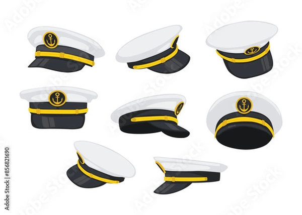Fototapeta Set of sailor hat collection with different view or angle, Navy Captain's Hat, with anchor and bay leaves emblem, gold plating, Sea cruise concept, sailor cap sign, captain sailor hat, vector.