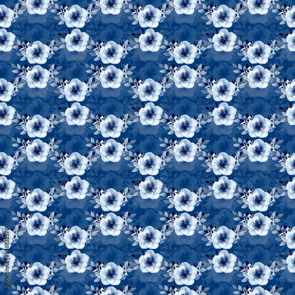 Fototapeta Garden Blue Flowers and Bright Leaves Seamless Pattern. Artistic seamless pattern. Summer design of textile, fabric, wallpaper, background and more.