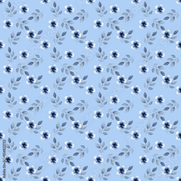 Fototapeta Garden Blue Flowers and Bright Leaves Seamless Pattern. Artistic seamless pattern. Summer design of textile, fabric, wallpaper, background and more.