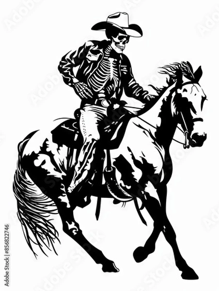 Fototapeta A black and white illustration of a skeletal cowboy riding a horse. The cowboy is wearing a hat and a jacket, and he is riding with a determined look on his face
