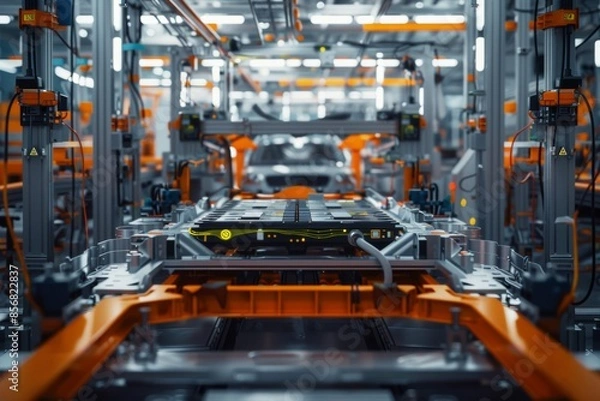 Fototapeta Witness the scale and innovation in electric vehicle production with studio isolate shots showcasing the mass assembly of battery cells.