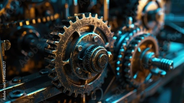 Fototapeta A close-up view of mechanical gears and machinery