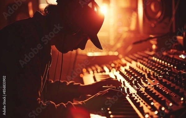 Fototapeta The silhouette of a DJ using a mixing console at sunset.