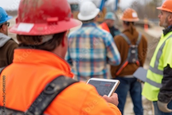 Obraz A group of construction workers in safety gear at a construction site, discussing over a digital tablet