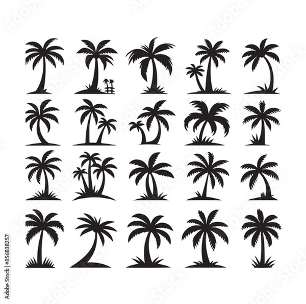 Obraz Black palm trees set isolated on white background. Palm silhouettes. Design of palm trees for posters, banners and promotional items. Vector illustration