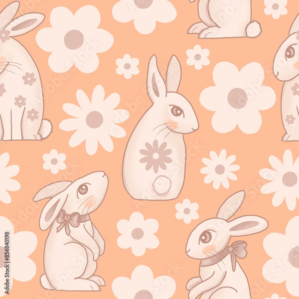 Fototapeta cute rabbit and flowers seamless pattern - peach background 