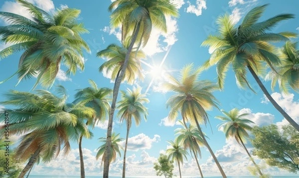 Fototapeta Palm trees swaying in the breeze