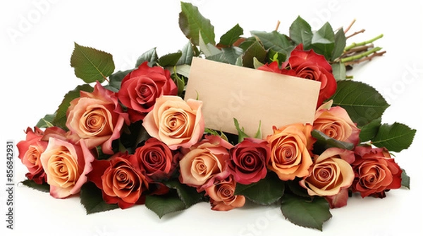 Fototapeta Bouquet of roses, with a card, on the ground, top view, white background 