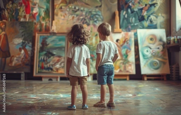 Fototapeta Back view of two children standing in the studio, children painting in the studio