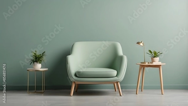 Fototapeta Light green color wooden chair mockup isolated on a muted green color theme background, wooden green chair interior design