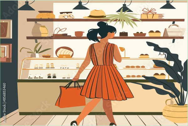 Fototapeta  Lat logo of vector set of shopping girls and bag illustration. vector illustration of a woman shopping in a boutique. Isometric illustration of women shopping for clothes, shoes and accessories.