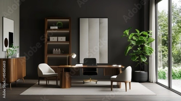 Obraz Modern Home Office with Elegant Wooden Furniture and Large Window Overlooking Greenery