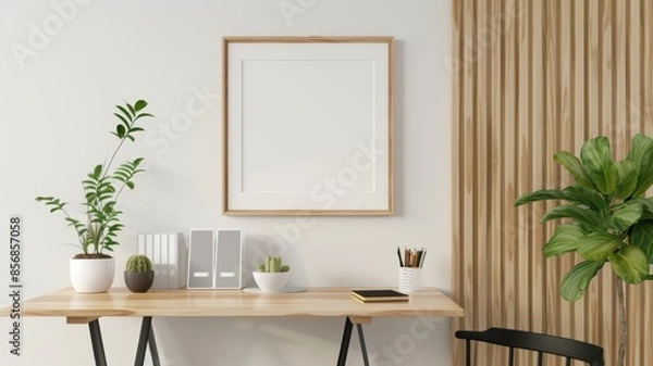 Fototapeta Modern Minimalist Home Office with Wooden Desk, Plants, and Blank Picture Frame on White Wall