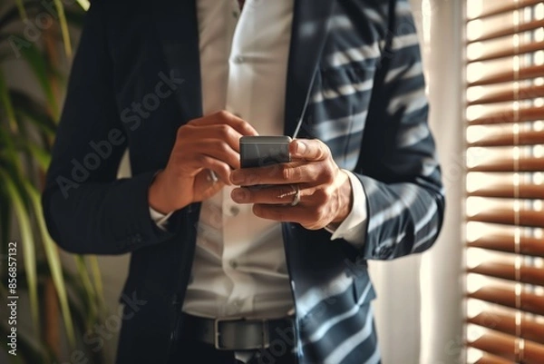 Fototapeta My customers can text me too Cropped shot of an unrecognizable businessman standing alone in his home office and texting on his cellphone