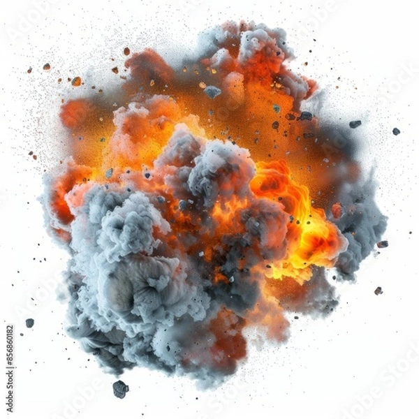 Fototapeta Captured midblast, a massive explosion depicted with intense flames and billowing smoke