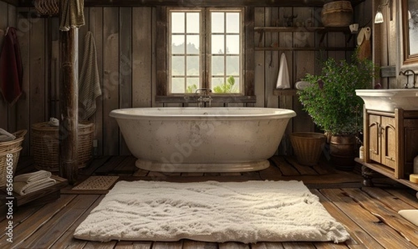 Fototapeta Rustic bathroom with a blank bath mat