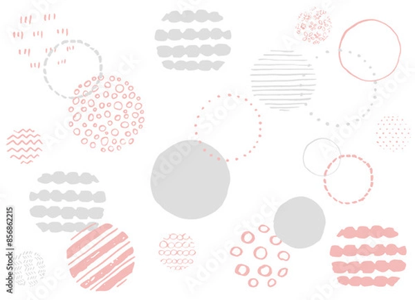 Obraz 手描きの北欧風の背景やパターン（丸柄・ピンク・白・グレーカラー）
