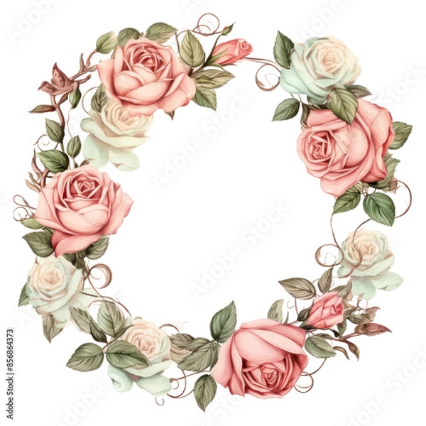 Obraz PNG Vintage rose circle frame pattern flower plant.