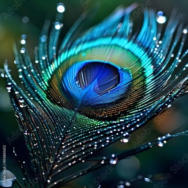Obraz peacock's feather, feather with water droplets