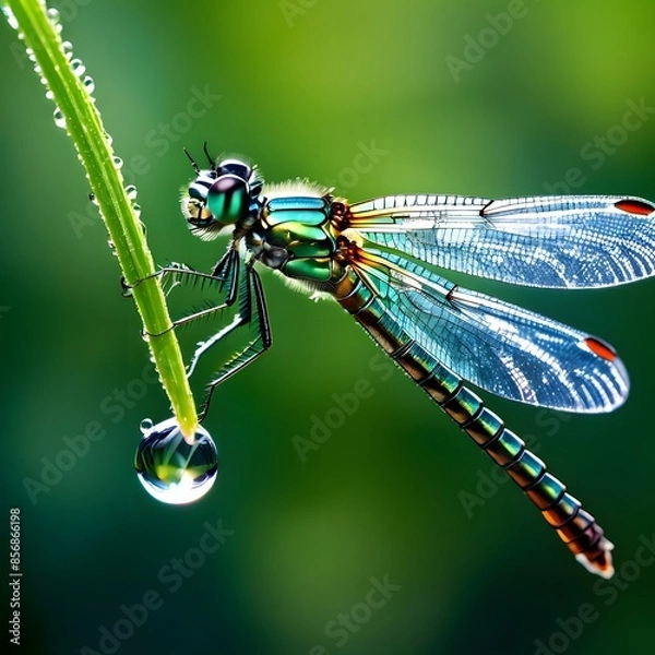 Fototapeta blue dragonfly on a leaf