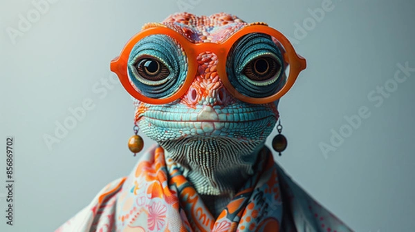 Fototapeta Bearded dragon lizard dressed as a human, anthropomorphism in reptile wearing glasses and earrings