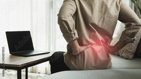 Fototapeta Working businessman sitting on the sofa in the living room at home He used both hands to press down on the lower back. He is suffering from back pain from sitting for a long time.