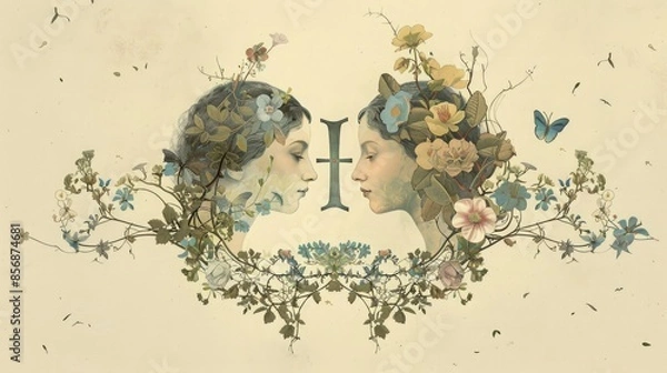 Fototapeta Artistic depiction of two faces surrounded by flowers and plants, showcasing nature and human connection in a dreamlike style.