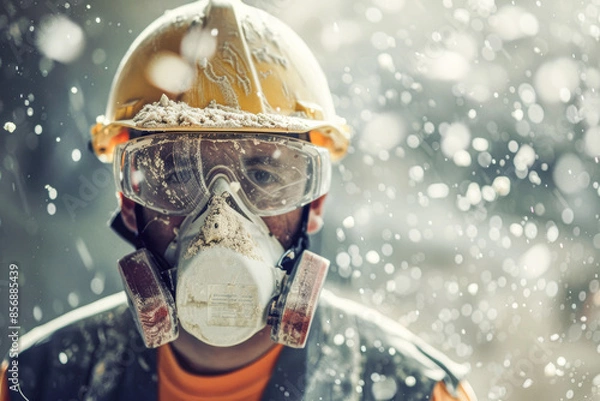Fototapeta Professional construction worker wearing a high-grade dust mask, surrounded by lot of floating particles
