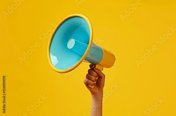 Fototapeta Close-up of a hand holding a megaphone on a bright yellow background, emphasizing attention and communication.
