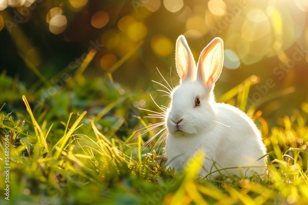 Fototapeta Cute white rabbit on green grass with bokeh background