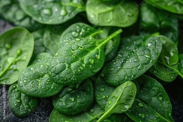 Fototapeta A detailed shot of a bunch of fresh spinach leaves, showing the texture and vibrant green color. 